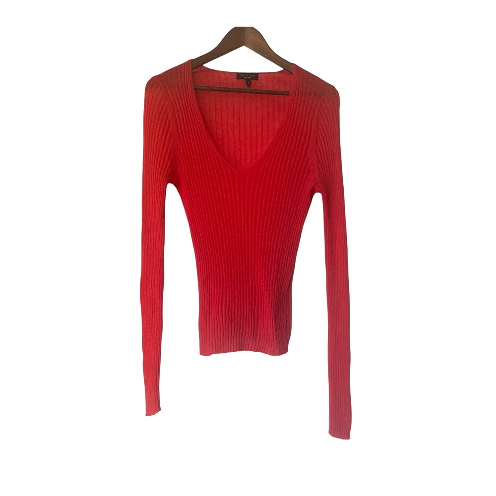 Rag & Bone Red V-Neck Ribbed Knit Sweater Women Size S Red Long Sleeve Slim Fit